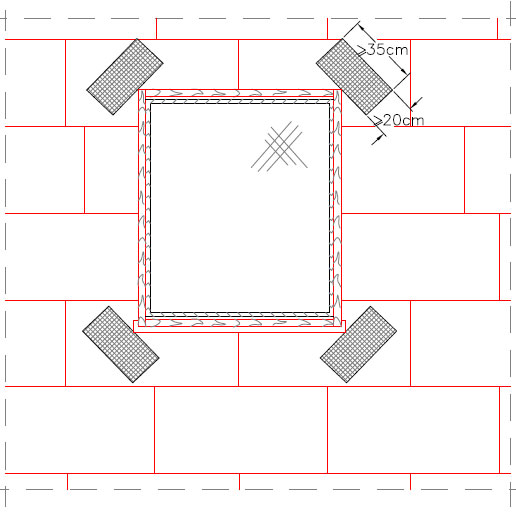 Допълнително подсилване с армираща мрежа около ъглите на прозоречните рамки (рамки на врати)