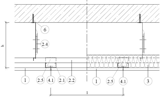 Rigips окачен таван на метална конструкция от Rigips CD профили на две нива с еднослойна обшивка от пожароустойчиви плоскости RF (DF) 4.11.11