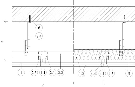 Rigips окачен таван с трислойна обшивка на метална конструкция от Rigips CD профили на две нива, монтаж с Rigips анкер бърз окачвач към таванна бетонна плоча 4.10.01